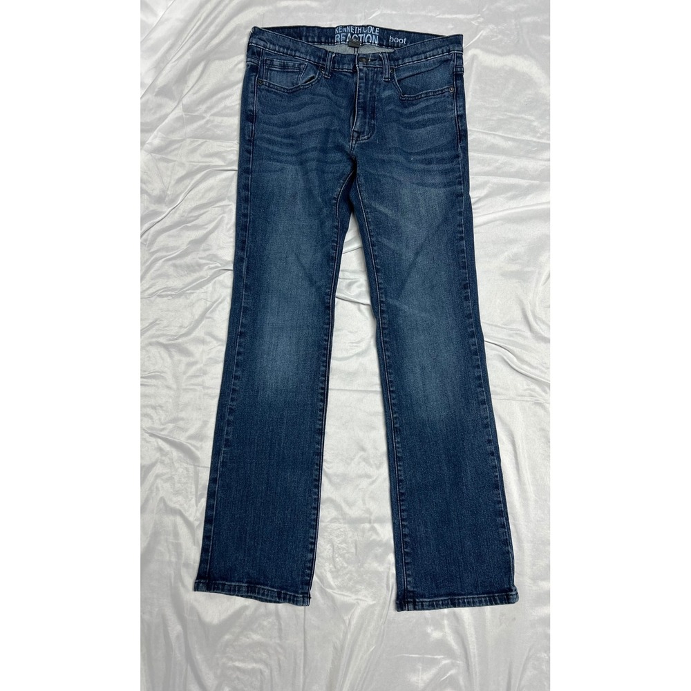 Kenneth Cole Reaction Mens Bootcut Jeans 30x32 Dark Wash Blue Denim Embroidered
